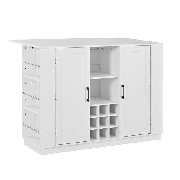 English Elm U_style Compact Kitchen Island with Drop Leaf Power Outlet Wine Rack Stemware Storage White N711P437715K