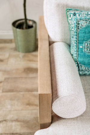 English Elm Mid-Century Beige Chair with Bolster Pillow, Ash Wood Legs & Rattan Panel — Retro Modern Comfort B2741P378636