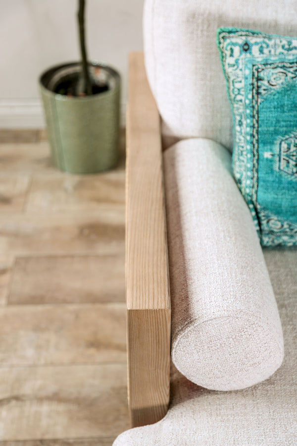 English Elm Mid-Century Beige Chair with Bolster Pillow, Ash Wood Legs & Rattan Panel — Retro Modern Comfort B2741P378636