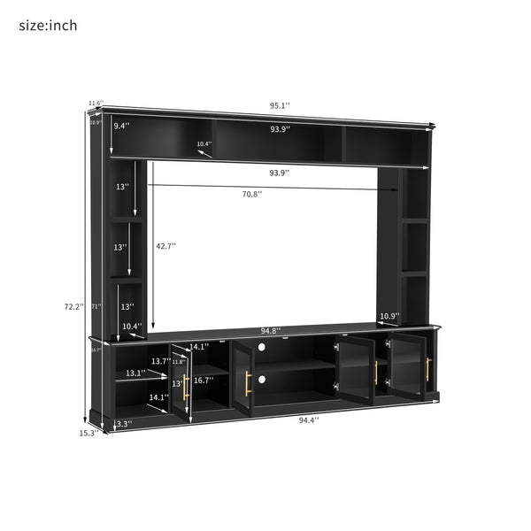 English Elm Entertainment Wall Unit with Glass Doors Open Shelving Mdf Living Room Storage Black N710S688100B