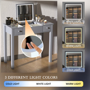English Elm Multifunctional Vanity Desk with Flip-Top Mirror, 3-Level LED Lighting, Ample Storage for Small Spaces Grey W760P152317