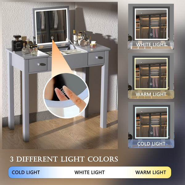 English Elm Multifunctional Vanity Desk with Flip-Top Mirror, 3-Level LED Lighting, Ample Storage for Small Spaces Grey W760P152317