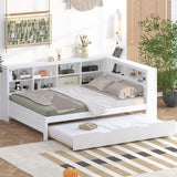 English Elm Wooden Full Size Daybed With Twin Size Trundle, Daybed With Storage Shelf and Usb Charging Ports,White