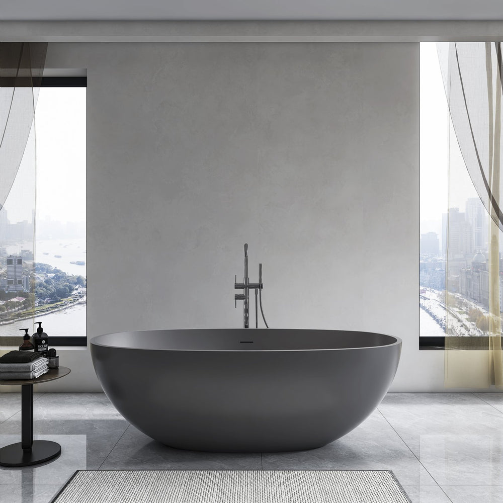 English Elm 65.2 Inch Freestanding Stone Resin Soaking Tub Matte White Spa Grade Bathtub W1613P358121