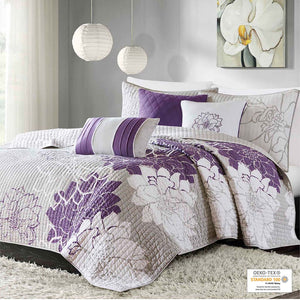JLA Home Madison Park - 6 Piece Printed Cotton Quilt Set Reversible Floral Coverlet with 3 Decorative Throw Pillows, OEKO-TEX Certified for Healthy Sleep Taupe Grey/Purple MP13-2312