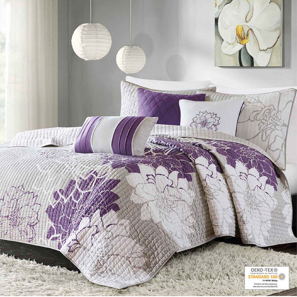 JLA Home Madison Park - 6 Piece Printed Cotton Quilt Set Reversible Floral Coverlet with 3 Decorative Throw Pillows, OEKO-TEX Certified for Healthy Sleep Taupe Grey/Purple MP13-2312