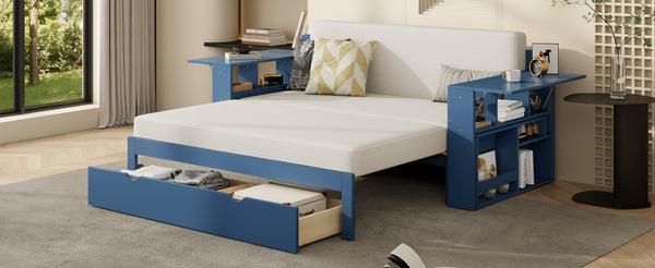 English Elm Full Size Daybed with Hydraulic Desk Armrests Storage Drawer and Sofa Seating Blue LT000271AAC