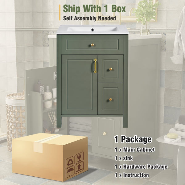 English Elm 24-Inch Bathroom Vanity with Ceramic Sink, Soft-Close Door & Drawers, Gold Handles, Durable Wood Elegance Green N729P192078F