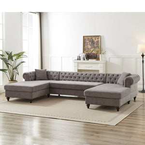 English Elm 135.5-inch Modern Chenille U-Shaped Sectional Sofa with Dual Chaise, Pull-Point Detail, Pillows, Wooden Legs Grey W1926S00047