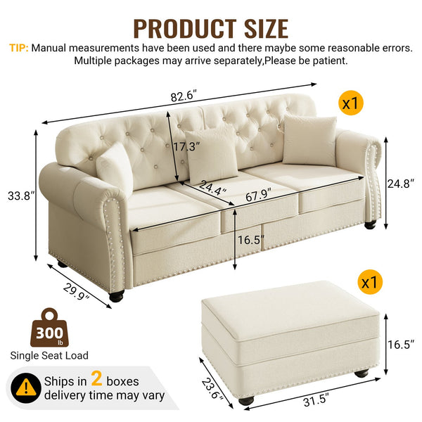 English Elm 82.6"upholstered Velvet Chesterfield Sofa with Button Tufting Nailhead Trim Rolled Arms Beige+White W1885S00370