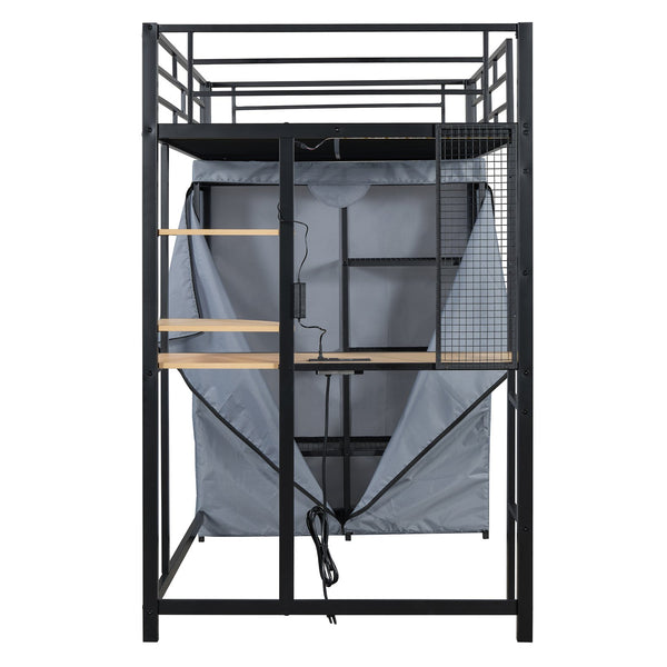 English Elm Twin Loft Bed with Built-In Desk, LED Light Strip, Power Outlet & Fabric Wardrobe for Small Rooms Black SF000178AAB