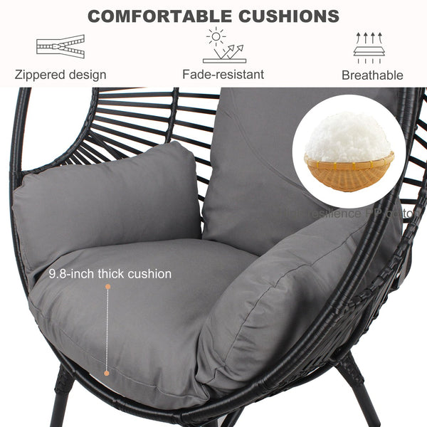 English Elm New PE Wicker Egg Chair with Ergonomic High-Front Low-Back Design, Weather-Resistant Rattan & Plush Cushion Comfort Black+ Gray W400P241060