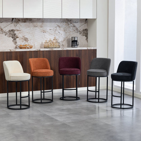 English Elm Counter Height Barstools Set of 2 Linen Upholstered Barrel Seat with Iron Legs Black W395P410438