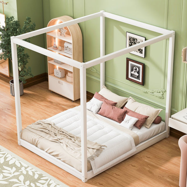 English Elm Queen Canopy Platform Bed with Sturdy Support Legs, Pine/MDF Frame, Slatted Ventilated Base, 550lb Capacity White WF293232AAK