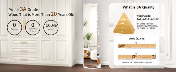 English Elm 360° Rotating Full Length Mirror with Coat Hooks Solid Rubberwood Frame White Bedroom W2987P289172