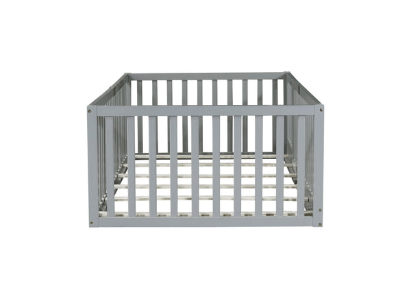 English Elm Twin Floor Bed Solid Rubber Wood with Tall Safety Railings for Toddler Sleep Grey W504P287651