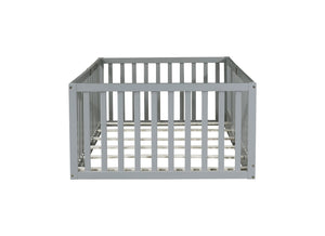 English Elm Twin House Frame Floor Bed Rubberwood with Roof Canopy and Safety Rails for Kids Grey W504P429537