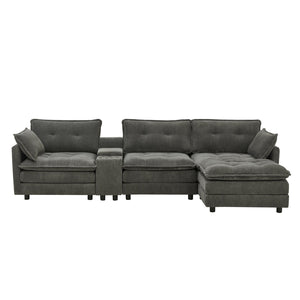 English Elm 119" Tufted Corduroy L-shaped Sectional with Ottoman Console Usb Charging 4 Seat Grey W1998S00102