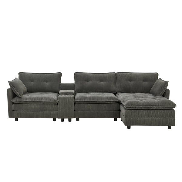 English Elm 119" Tufted Corduroy L-shaped Sectional with Ottoman Console Usb Charging 4 Seat Grey W1998S00102
