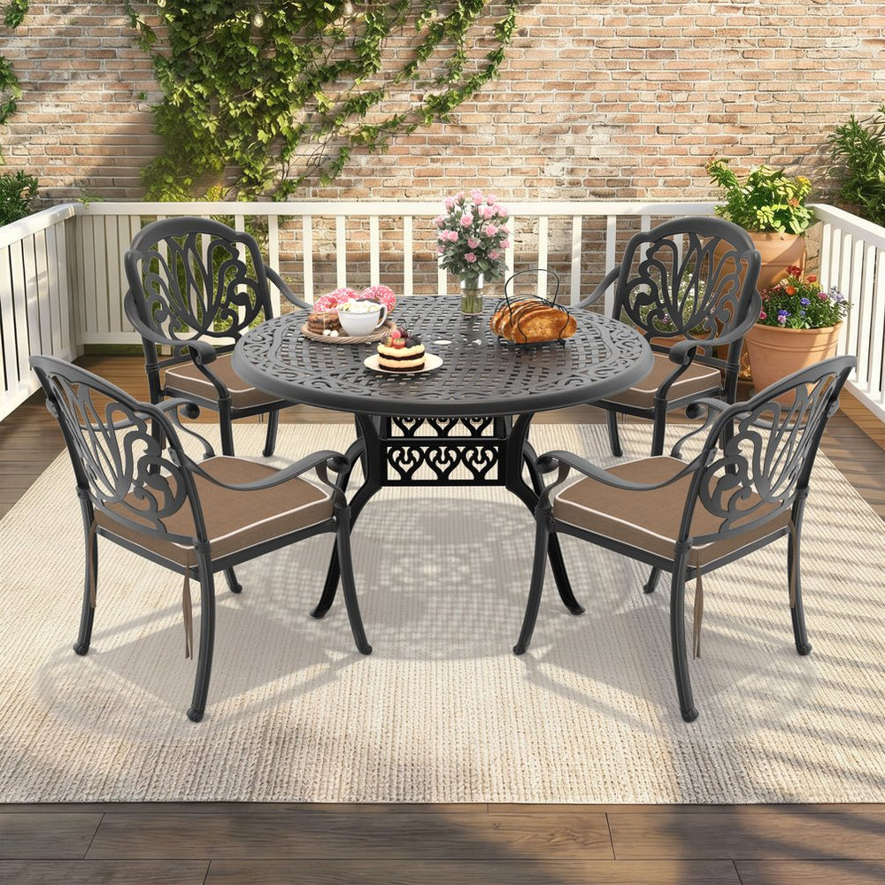 English Elm 5-piece Cast Aluminum Outdoor Dining Set with Carved Floral Patio Chairs and Table W1710S00551