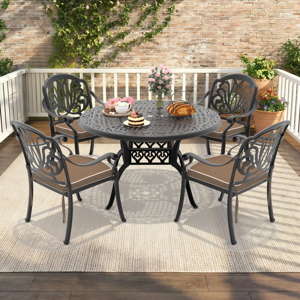 English Elm 5-piece Cast Aluminum Outdoor Dining Set with Carved Floral Patio Chairs and Table W1710S00551