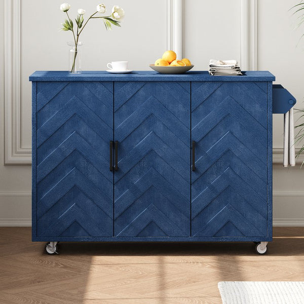 English Elm K&K Farmhouse Kitchen Island with 3D Wave Stripes Ash Veneer, Drop Leaf, Rolling Cart Storage Navy Blue N707P207915E