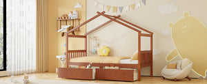 English Elm Twin House Bed Solid Pine Kids Cottage Frame with Storage Drawers Imaginative Room Walnut N708P309245L