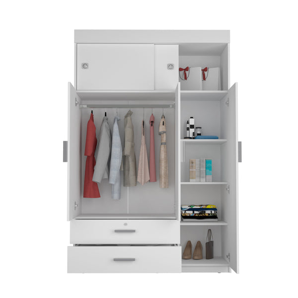 English Elm Tucson White Armoire with Hanging Rod & 2 Large Bottom Drawers, Compact 3-Door Wardrobe Design B128S00095