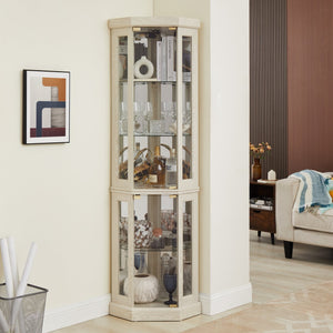 English Elm Corner Curio Cabinet Lighted Glass Display Case with Mirrored Back for Living Room Antique White W2275P194429