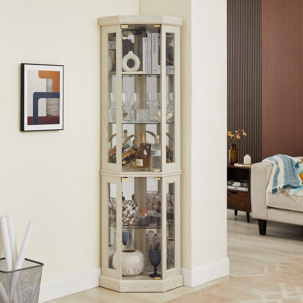 English Elm Corner Curio Cabinet Lighted Glass Display Case with Mirrored Back for Living Room Antique White W2275P194429