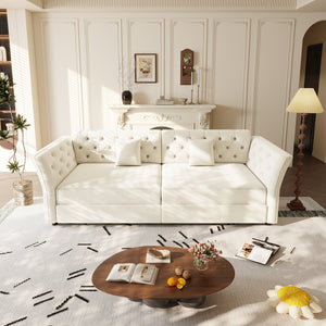 English Elm 100" Oversized Velvet Sleeper Sofa with Floral Tufted Cushions for Living Room Beige+White W1885S00301