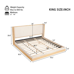 English Elm Mid-century Modern King Platform Bed Waterfall Headboard Natural Wood Beige Upholstered N769K354726W