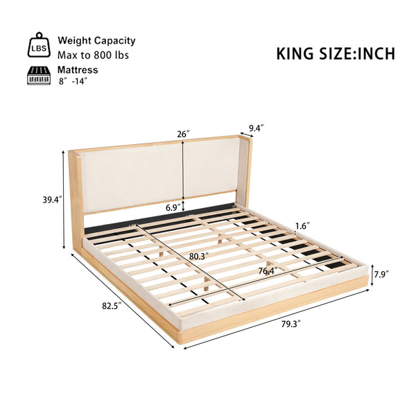 English Elm Mid-century Modern King Platform Bed Waterfall Headboard Natural Wood Beige Upholstered N769K354726W