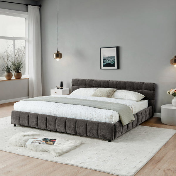 English Elm California King Platform Bed Chenille Upholstered Frame with Storage Drawers Modern Dark Gray W487S00421