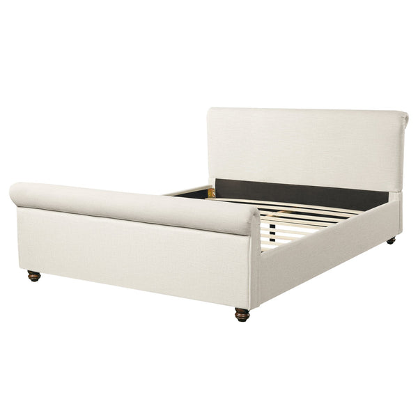 English Elm Queen Linen Upholstered Bed Frame Thick Rolled Headboard Solid Rubberwood Legs Bedroom Beige N757Q384827I