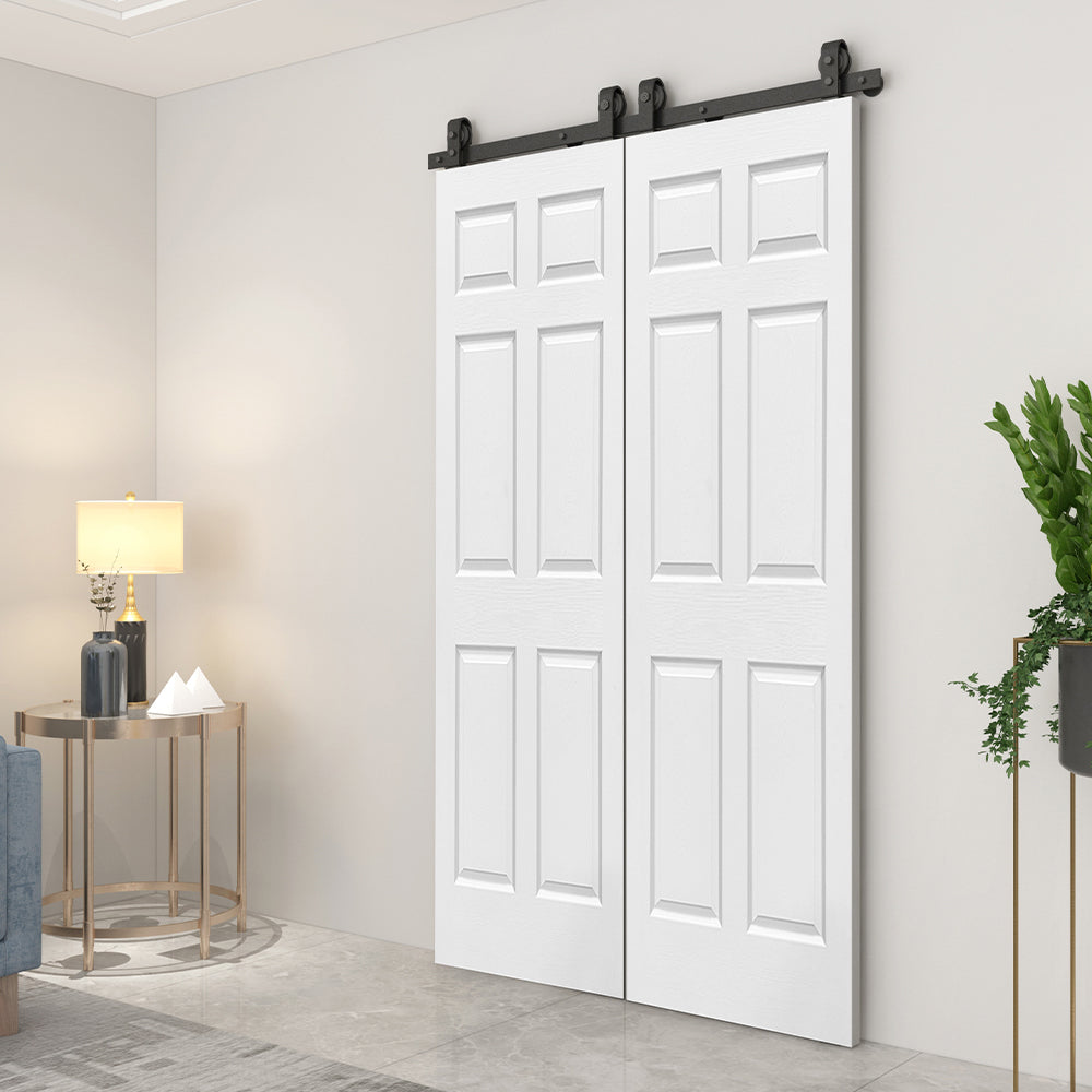English Elm 24 in Primed Mdf Bi-fold Barn Door with Raised 6-panel Profile and Sliding Hardware B2763P491014