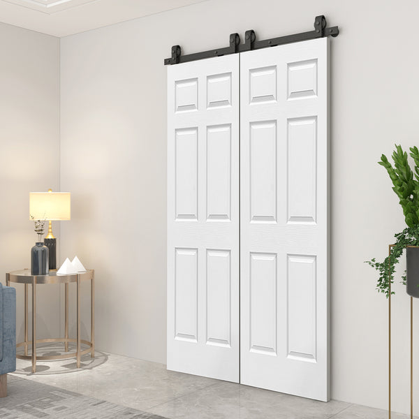 English Elm 24 in Primed Mdf Bi-fold Barn Door with Raised 6-panel Profile and Sliding Hardware B2763P491014