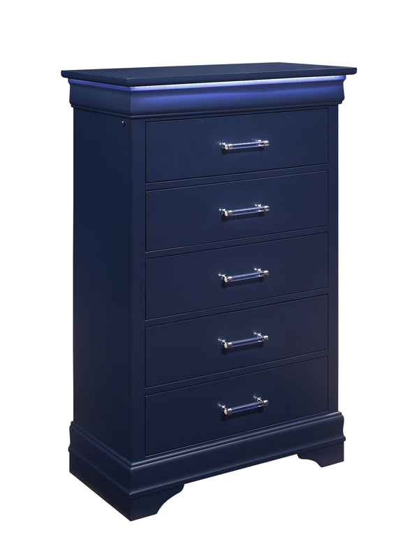 English Elm CHARLSTON Solid Wood 5-Drawer Chest with Built-In LED Lighting, Spacious Transitional Bedroom Storage Blue 35.63 L x 19.49 W x 52.17 H B201P215697