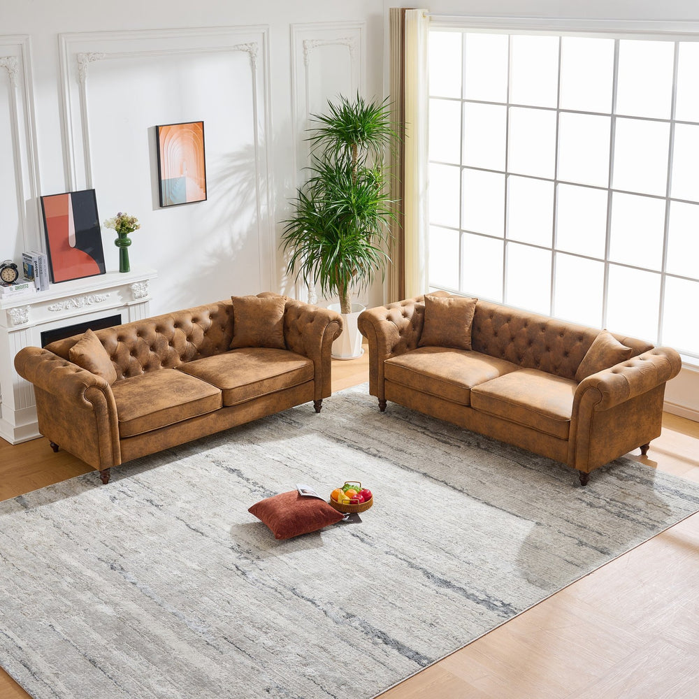 English Elm 3 Seat Chesterfield Sofa Set Tufted Leathaire Upholstery Mid-century Living Room Pair W3373S00061