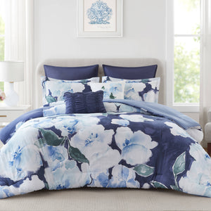 English Elm 7-piece Cal King Cotton Printed Comforter Set with Embroidered Decorative Pillows Blue Multi B035P482994