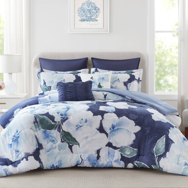 English Elm 7-piece Queen Comforter Set Cotton Print Bedding with Euro Shams and Embroidered Pillows Blue Multi B035P482949