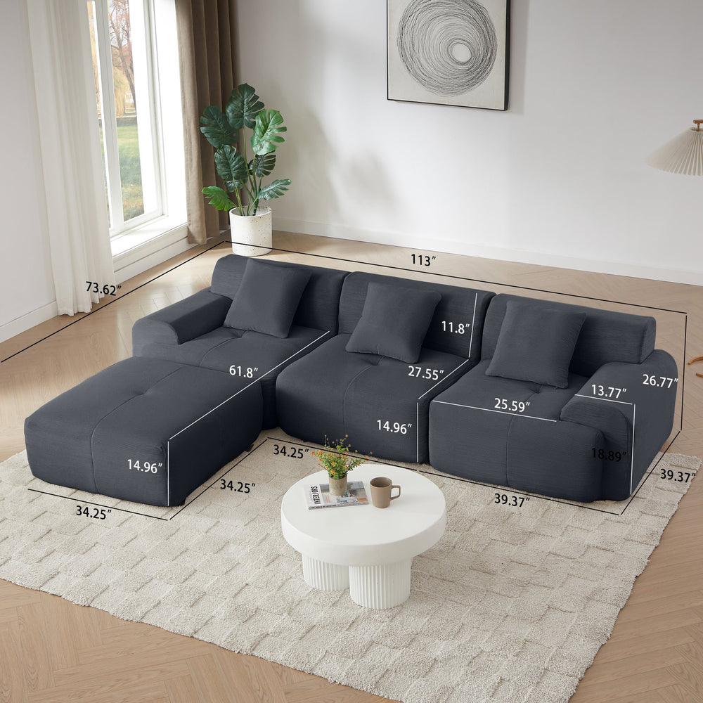 English Elm 113" Modular L-Shaped Sectional Sofa with Corduroy Upholstery, Deep Seats, Wide Arms, Ottoman Included Dark Gray W1359S00024