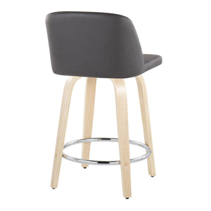 English Elm Fixed-height Swivel Counterstools Natural Wood Grey Faux Leather Chrome Footrest Pair B202S01768