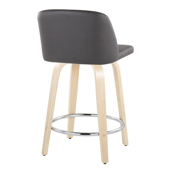 English Elm Fixed-height Swivel Counterstools Natural Wood Grey Faux Leather Chrome Footrest Pair B202S01768