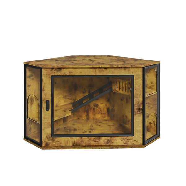 English Elm 48" Corner Mdf Cat Litter Enclosure Cabinet with Led Acrylic Door and Play Loft Tiger N704P402446D