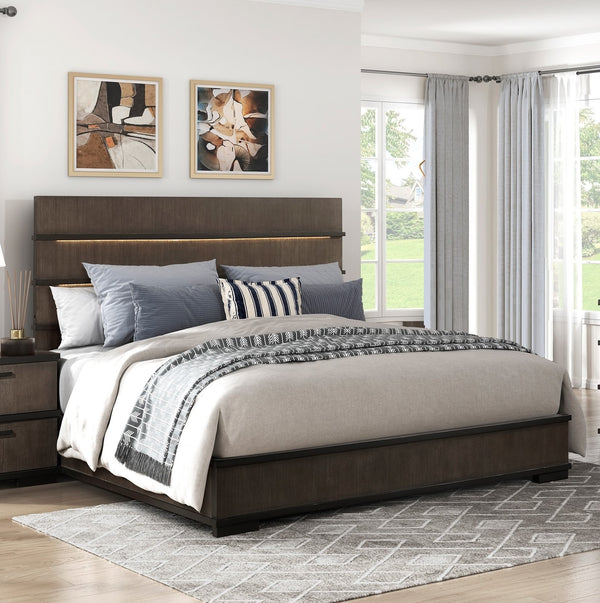 English Elm Two-tone Oak Veneer Queen Bed with Led Headboard for Modern Industrial Bedroom B011S01411