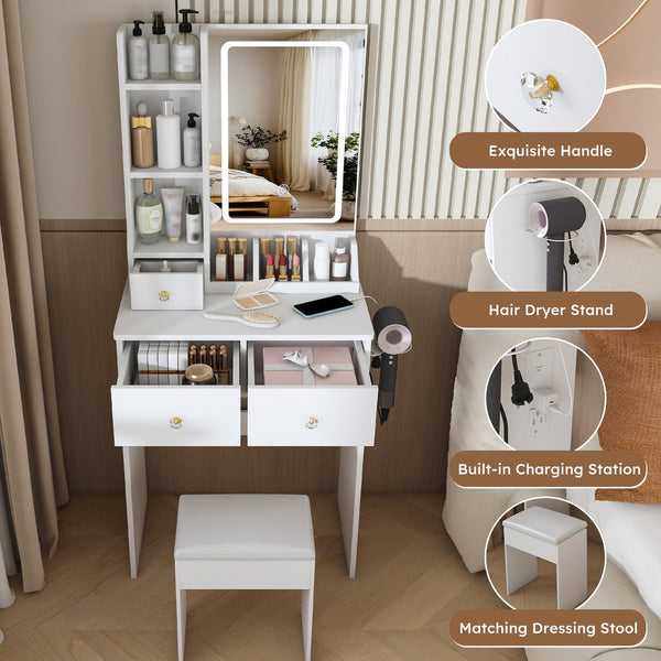 English Elm Modern Vanity Desk with Led Mirror 3 Drawers Built-in Outlet and Matching Chair White W509P465832