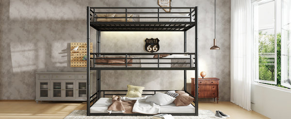 English Elm Twin Triple Metal Bunk Bed Matte Powder Coated Frame with Full Safety Guardrails Black W1580S00580