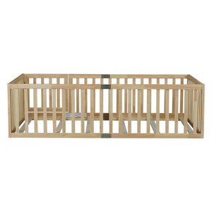 English Elm Twin Montessori Floor Bed Solid Rubber Wood with Safety Fence Rails Toddler Room W504P411198