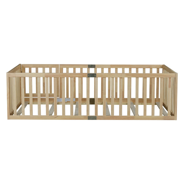 English Elm Twin Montessori Floor Bed Solid Rubber Wood with Safety Fence Rails Toddler Room W504P411198